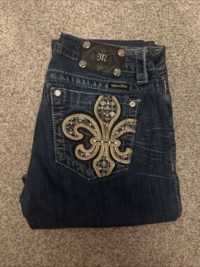 Miss Me Dark Blue Boot Cut Jeans with Gold Embroidered Fleur-de-Lis